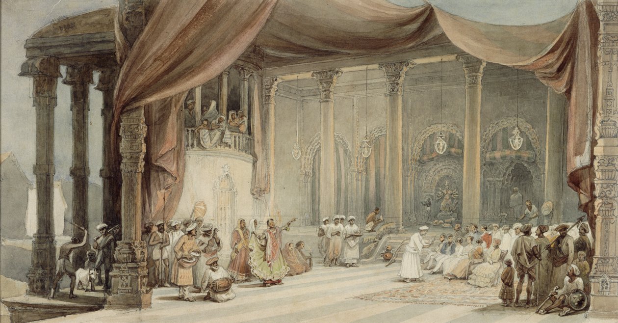 Evropané bavili tanečníci a hudebníci v nádherném indickém domě v Kalkatě během Durga púdža od William Princep