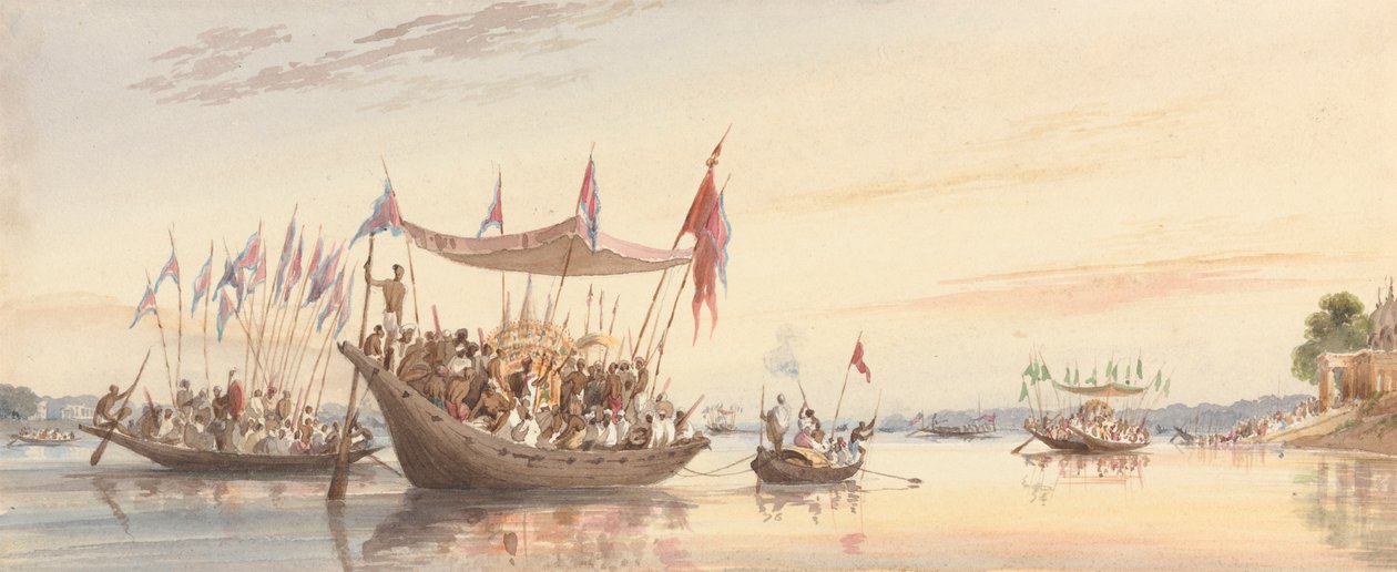 Isherah - Vodní procesí obrazu Doorgy před jejím ponořením při západu slunce od William Prinsep