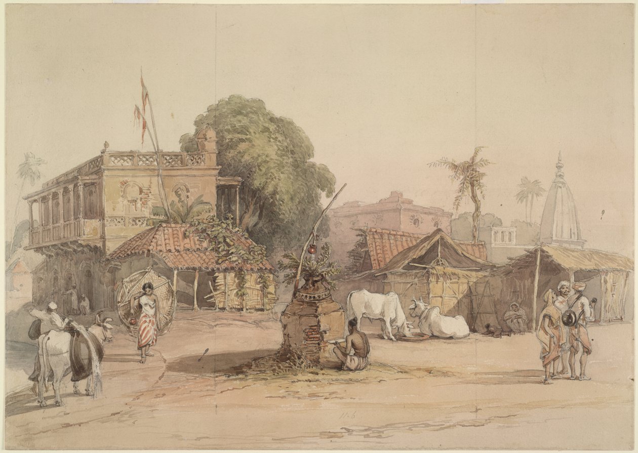 Vesnická scéna s malým oltářem „tulsi“ a nosičem vody se svým býčkem, Indie cca 1830-40 od William Prinsep