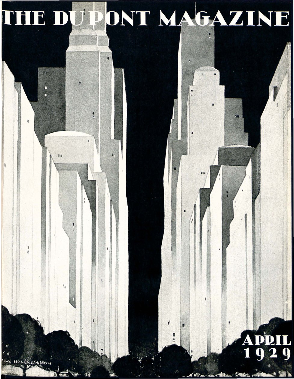 Mrakodrapy, přední strana časopisu DuPont Magazine, duben 1929 od William R. Jr. Hollingsworth