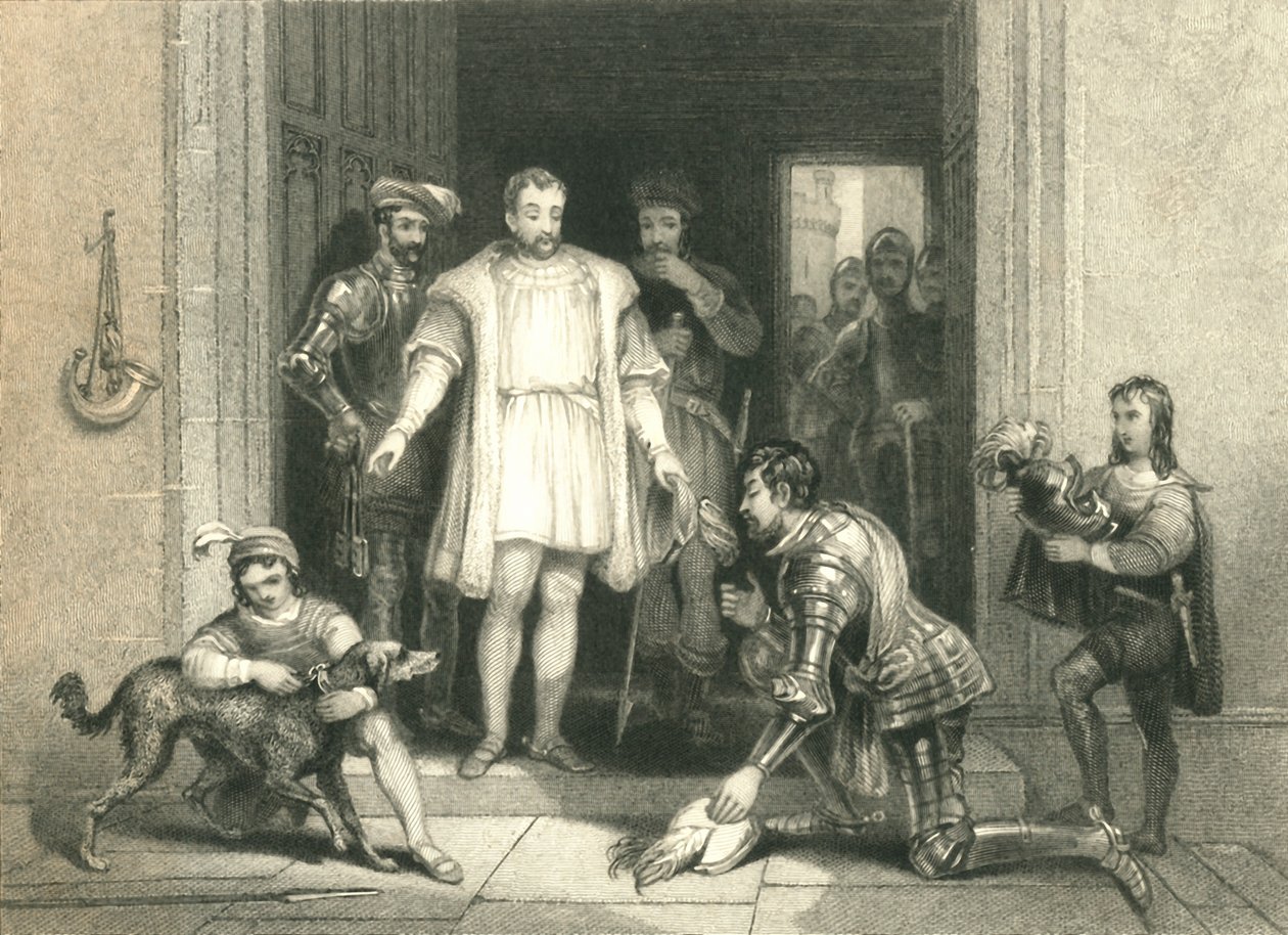 „Bolingbrokeova falešná pocta Richardu II., na zámku Flint“, 1836 od William Radclyffe