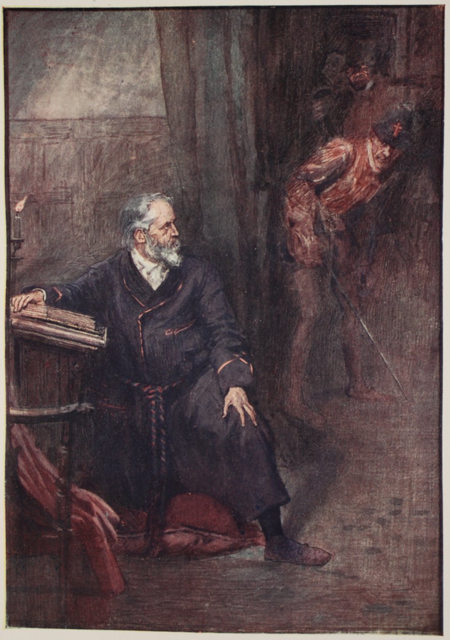 Admirál Coligny byl jedním z prvních, kteří zahynuli, ilustrace z „Příběhu Francie vyprávěný chlapcům a dívkám“ od Mary Macgregor, 1920 od William Rainey