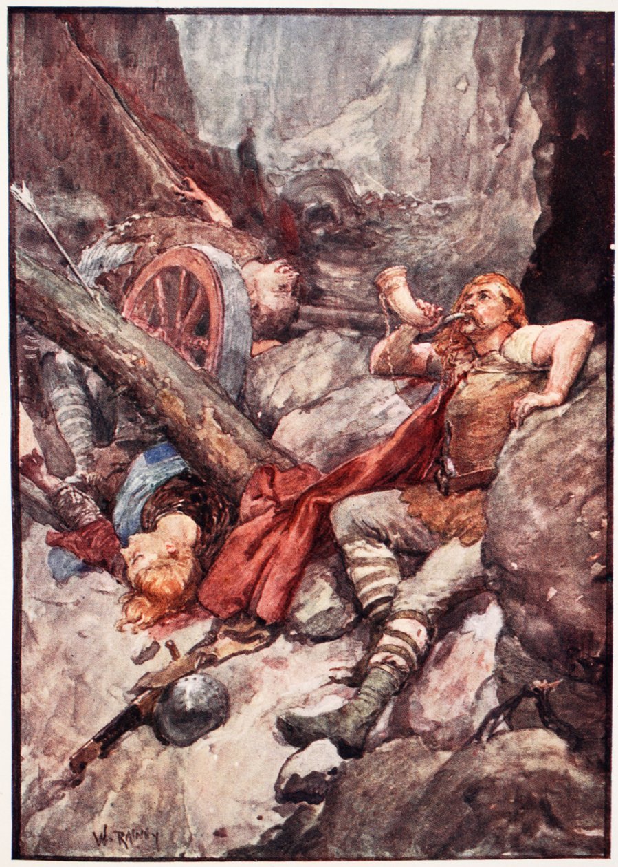 „Ještě jednou Roland zatroubil na roh ze slonoviny“, deska z „Příběhu Francie“ od Mary MacGregor, 1920 (barevné lito) od William Rainey
