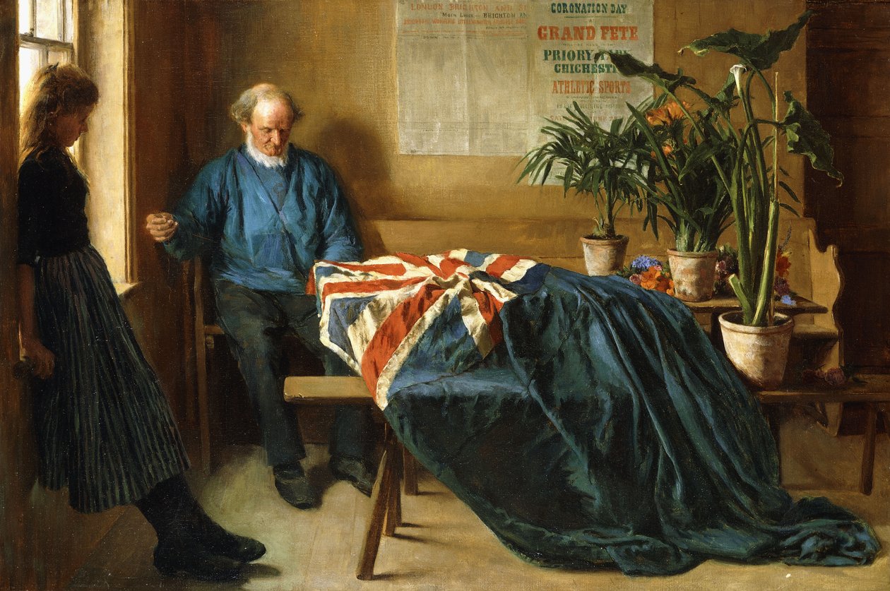 Příprava na den korunovace, Chichester, kolem roku 1902 (olej na plátně) od William Rainey
