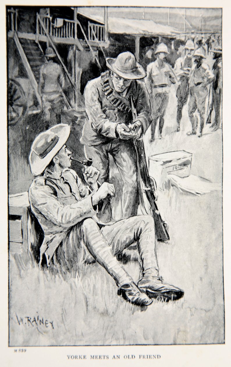 Yorke se seznámí se starým přítelem, ilustrací k filmu „S Robertsem do Pretorie: Příběh jihoafrické války“ od G.A. Henty, hospoda. Londýn, 1902 od William Rainey