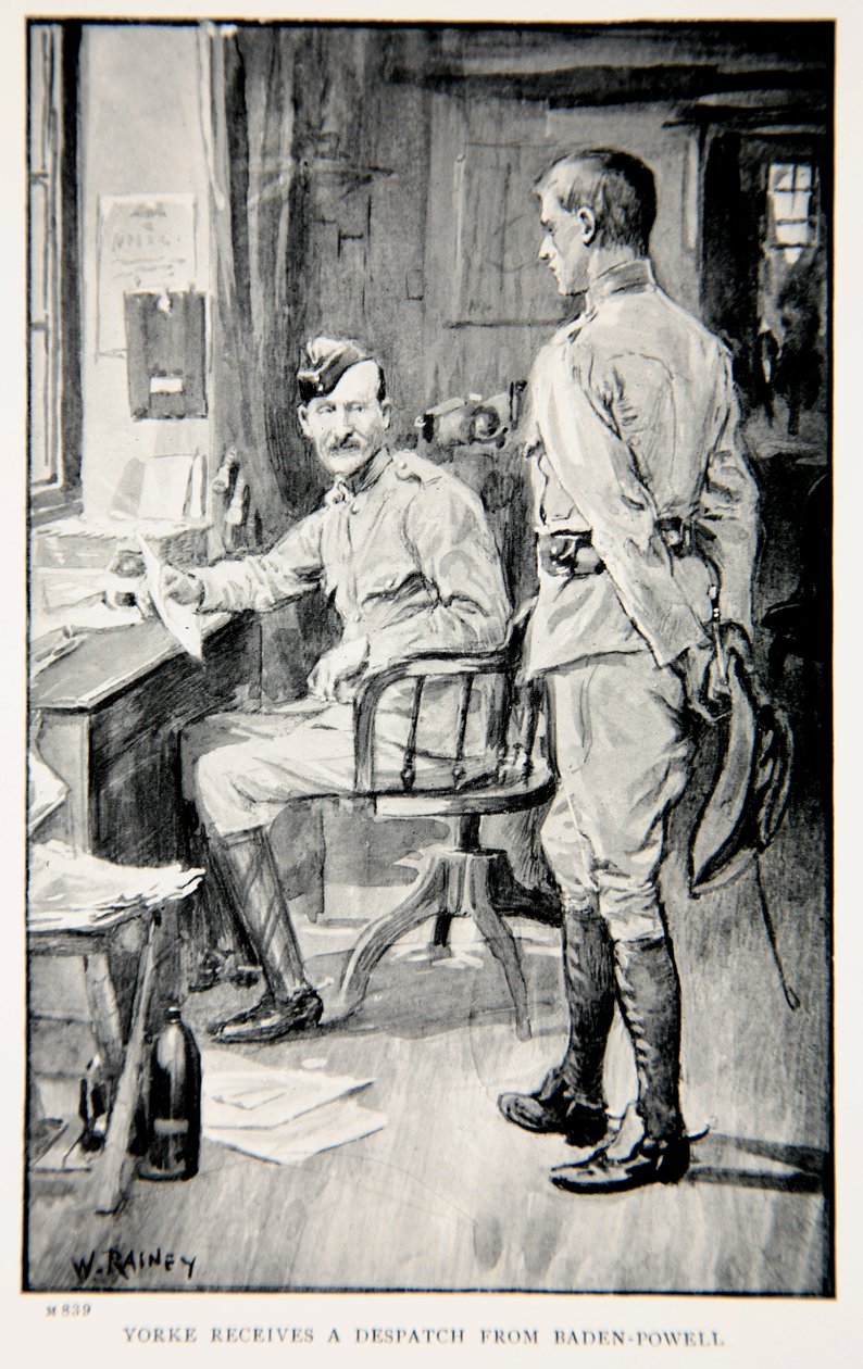 Yorke obdrží zásilku od Baden-Powella, ilustrace z „With Roberts to Pretoria: A Tale of the South African War“ od G.A. Henty, hospoda. Londýn, 1902 od William Rainey