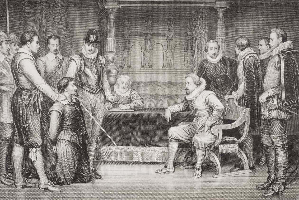 Guy Fawkes (1570-1606) vyslýchaný Jamesem I. (1566-1625) a jeho radou v královské ložnici, z 