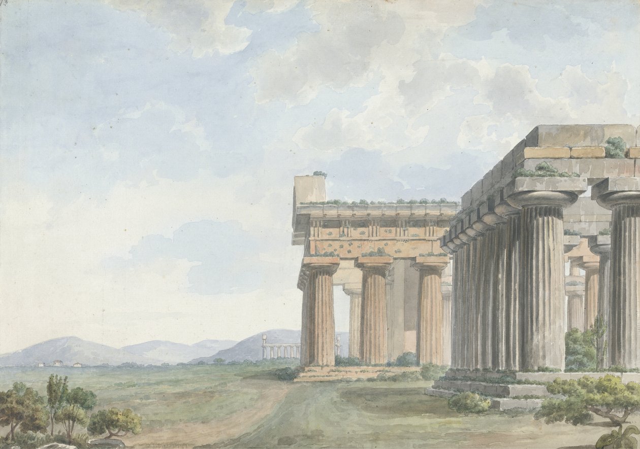 Pohledy v Levantě: Ruiny chrámu v Paestum, kolem 1785 (wc s perem a inkoustem přes grafit na papíře) od William Reveley