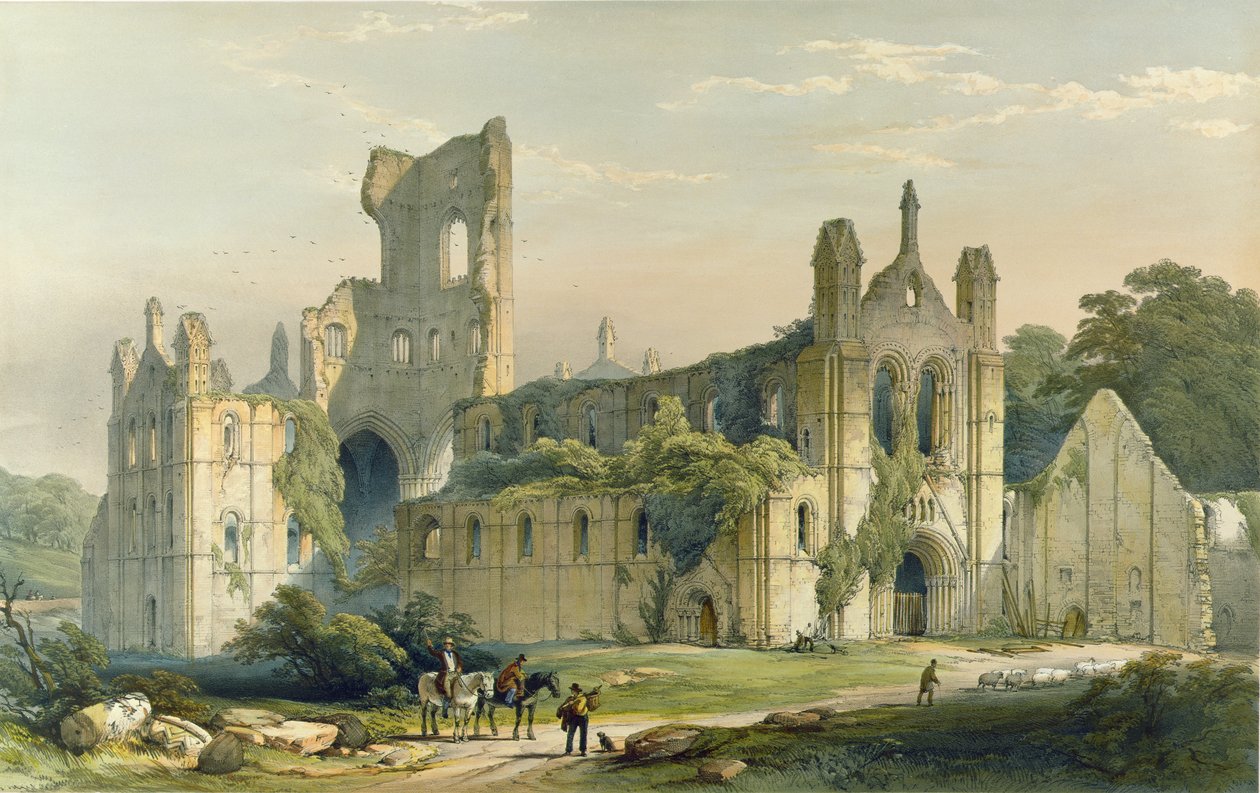 Kirkstall Abbey, při pohledu od severozápadu. - Z "Klášterních ruin Yorkshire", vyryl H. Hawkins od William Richardson