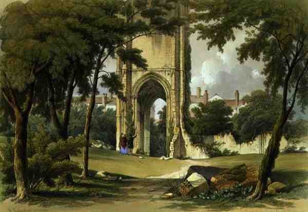 Gray Friars, Richmond, pohled na věž, z „The Monastic Ruins of Yorkshire“, vyryl George Hawkins (1819-52) od William Richardson