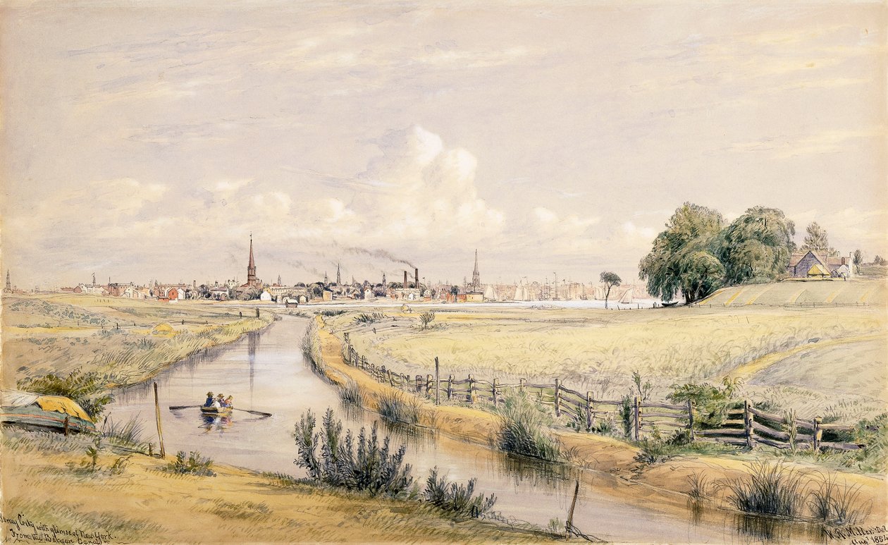 Jersey City s pohledem na New York z Bergenského kanálu, 1854 od William Rickarby Miller