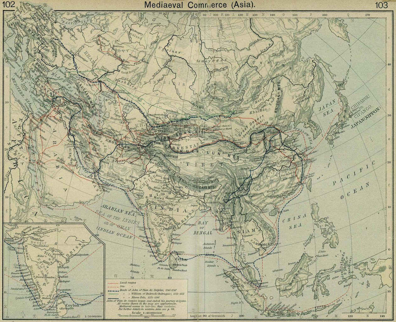 Středověká obchodní Asie. Z Historického atlasu od William Robert Shepherd
