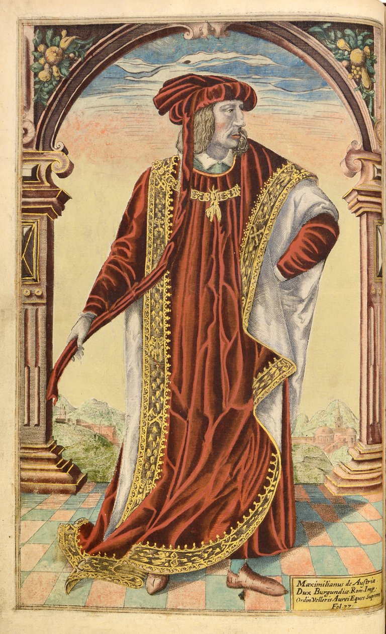 Císař Maxmilián I., čestný vojenský a civilní, William Segar, hospoda. Robert Barker, Londýn, 1602 (ručně kolorovaná rytina) od William Rogers