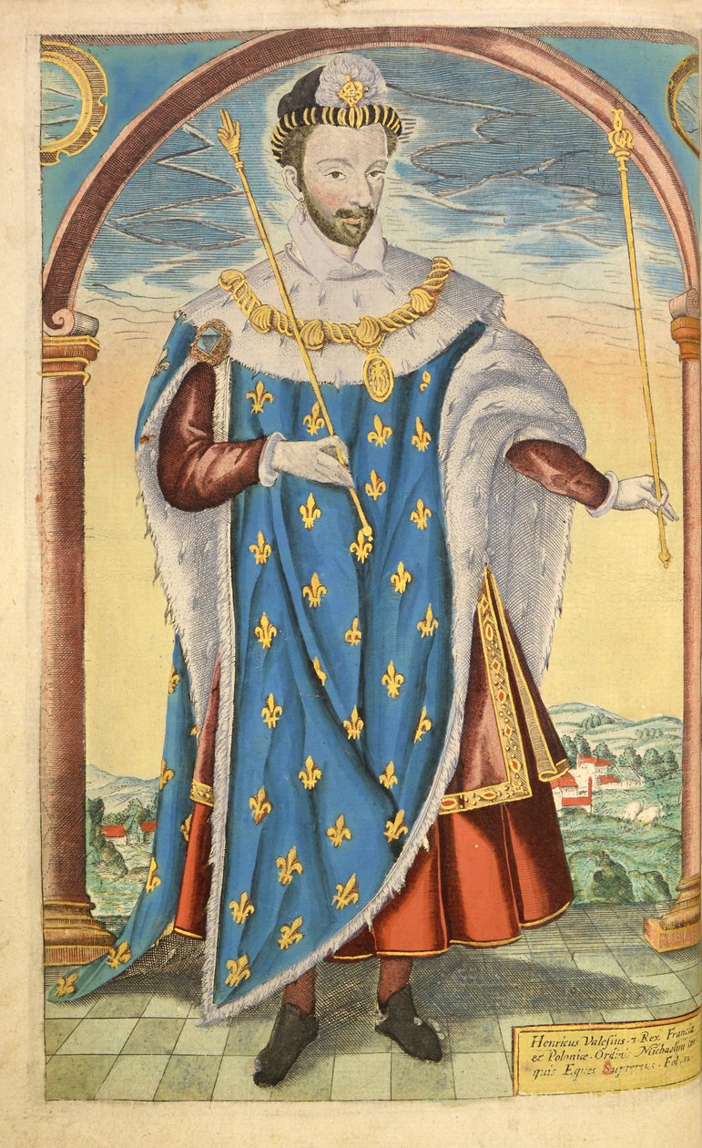 Jindřich III z Francie, z nHonor Military, a Civill, William Segar, hospoda. Robert Barker, Londýn, 1602 (ručně kolorovaná rytina) od William Rogers