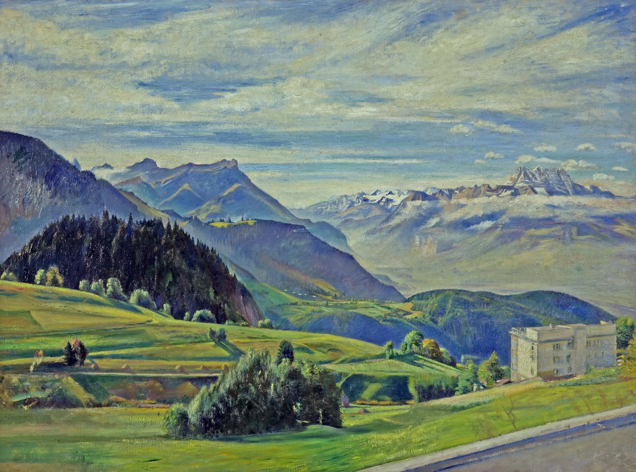 Le Dent du Midi z Leysinu, Švýcarsko (olej na plátně) od William Rothenstein