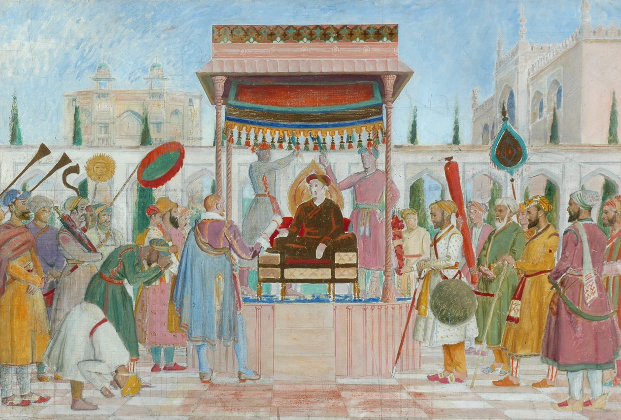 Velvyslanectví Sir Thomas Roe na dvoře Jahangir (olej a tužka na plátně) od William Rothenstein
