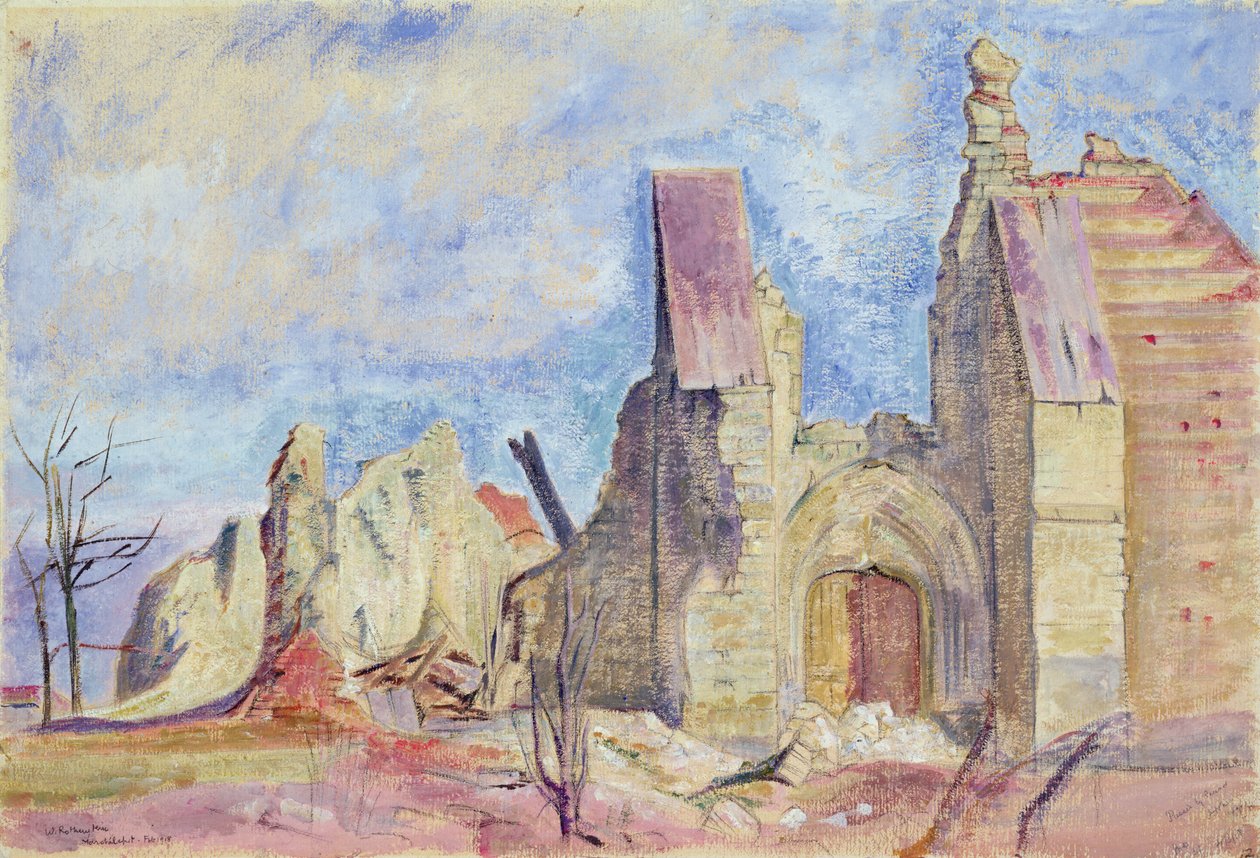 Západní fronta, kostel Marchelepot (kvaš na papíře) od William Rothenstein