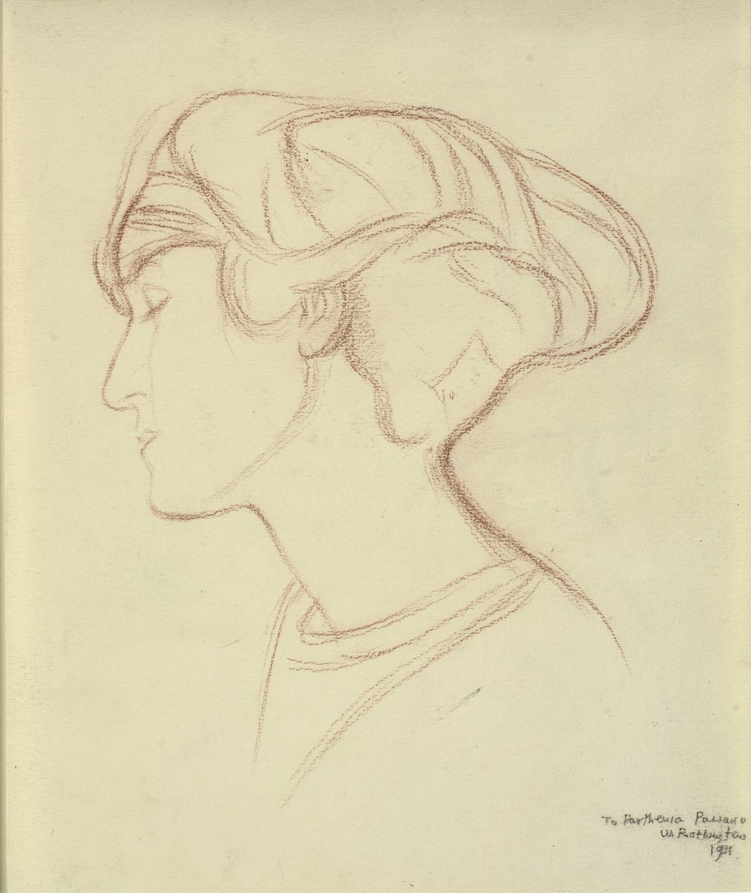 Hlava ženy (Parthenia Passano?) z profilu vlevo od William Rothenstein