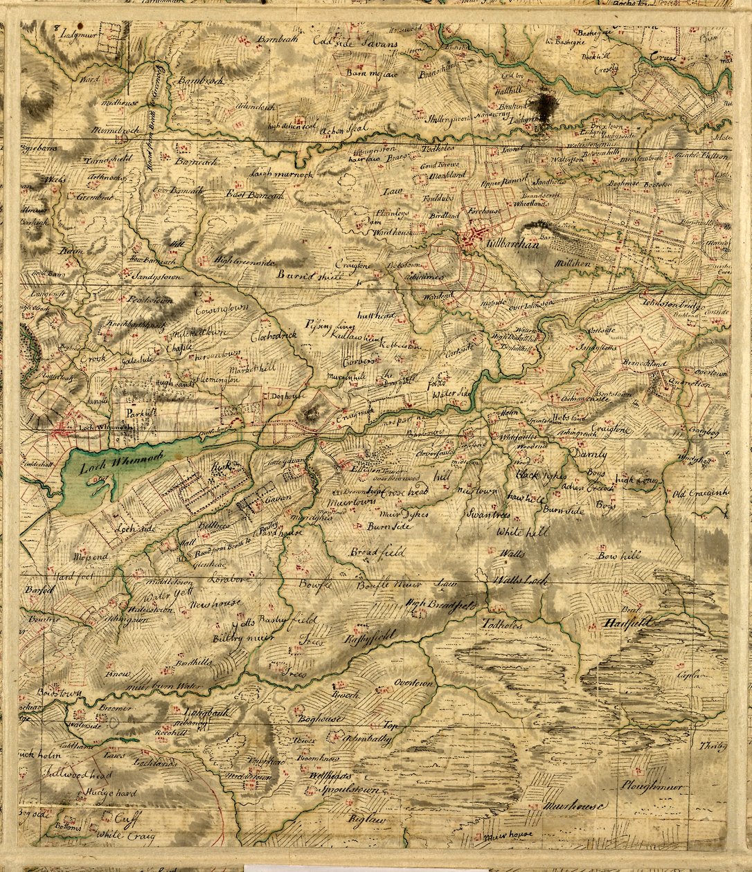 Royova mapa nížinného Skotska, obsahující jezero Loch Whinnoch od William Roy