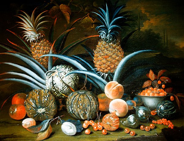 Zátiší z ananasů, melounů, broskví, jahod, třešní a jiného ovoce (olej na plátně) od William Sartorius