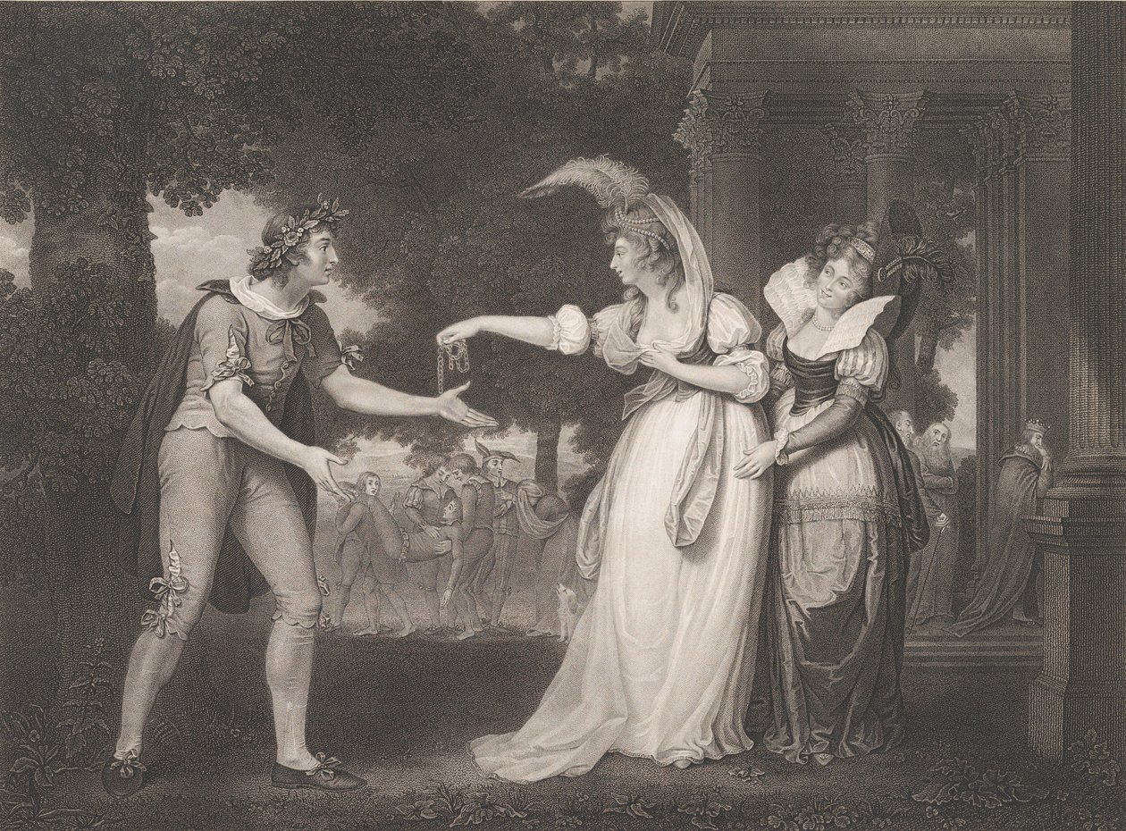 Před vévodským palácem-Rosalind, Celia, Orlando, vévoda..., poprvé vydáno 1800, znovu 1852. od William Satchwell Leney