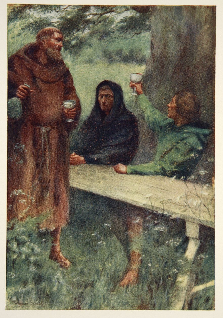 Robin Hood a černý mnich, frontispice z „Hrdinové mýty a legendy britské rasy“ od M.I. Ebbutt, 1910 od William Sewell