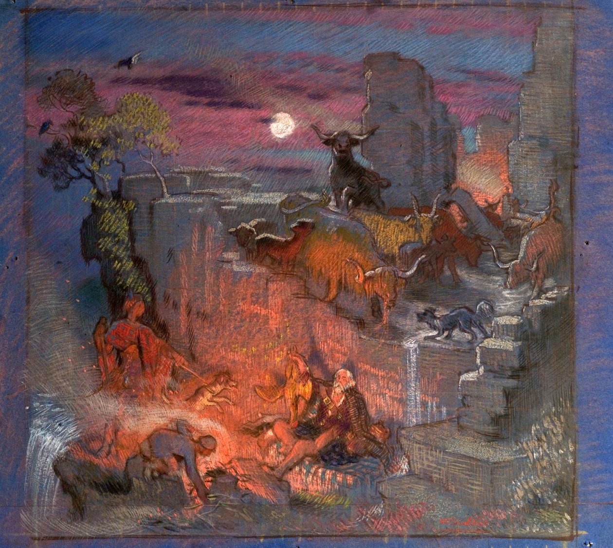 Study for Highland Raiders, cca 1918 (olej na papíře) od William Shackleton