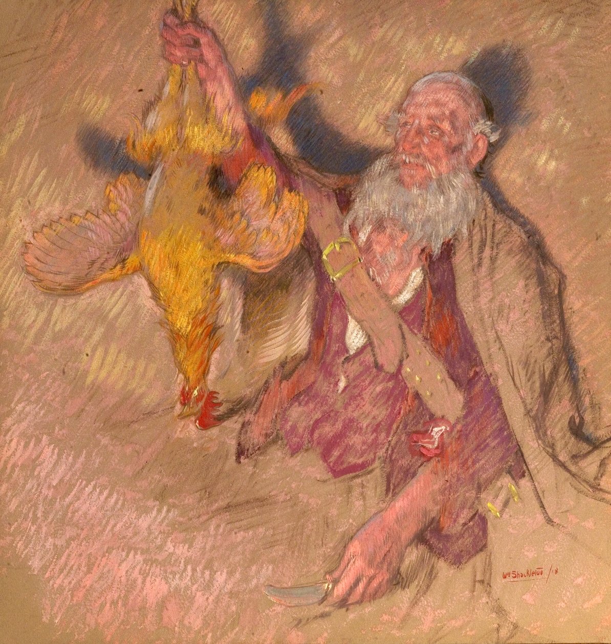 Studie muže držícího kohouta pro Highland Raiders, 1918 (olej na papíře) od William Shackleton