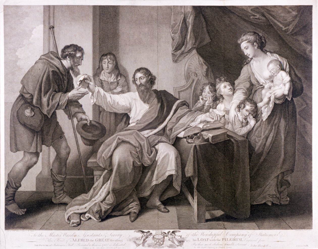 Alfréd Veliký rozdělující svůj chléb s poutníkem, 1782 od William Sharpe