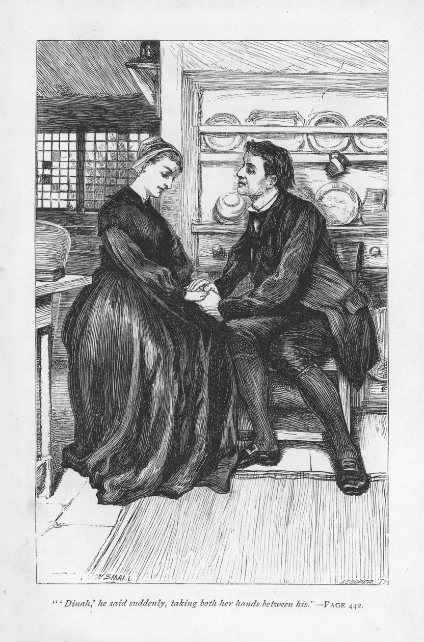 Po zkouškách a souženích v příběhu Adam Bede vyzná svou lásku k Dinah Morris, metodistické kazatelce. Adam Bede od George Eliota, poprvé publikováno 1859. Ilustrace William Small (1843-1929) z vydání vydaného kolem roku 1885. od William Small