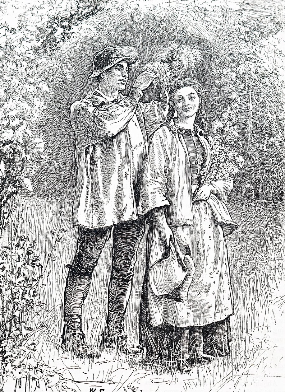 Korunování májové královny věncem z hlohu jejím milým. William Small (1843-1929), anglický ilustrátor od William Small