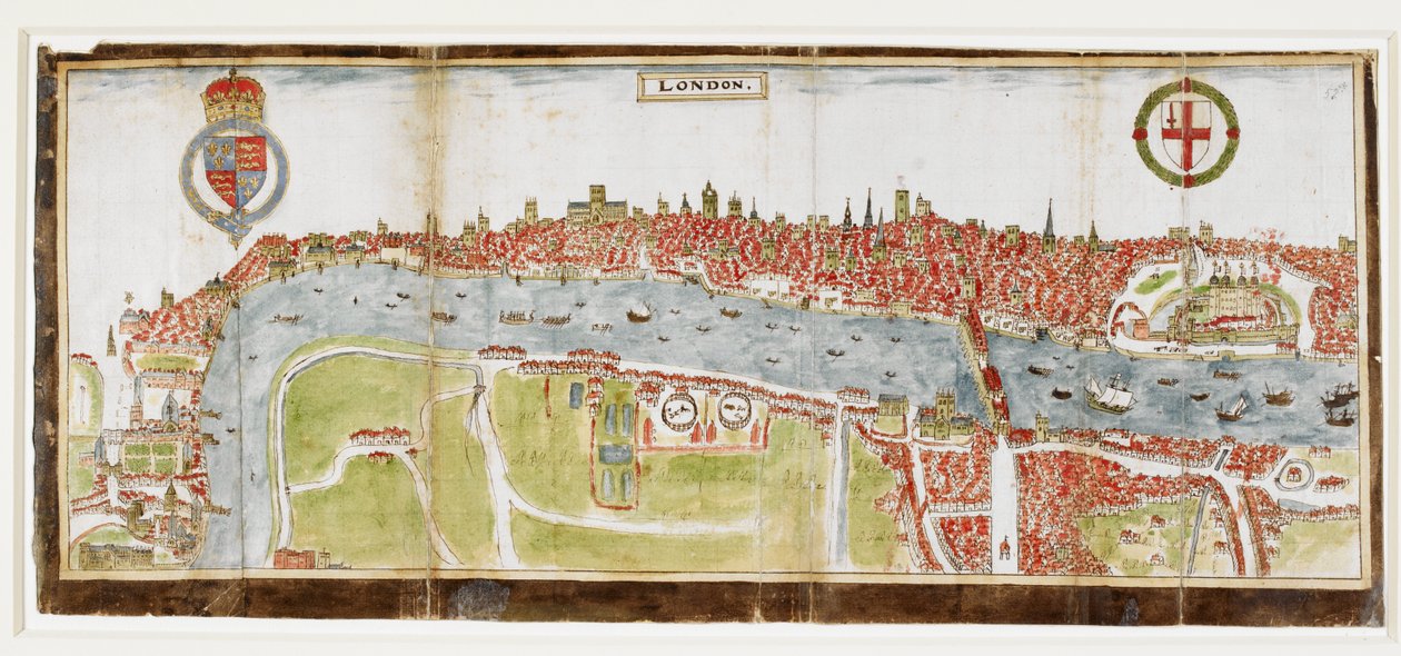 Sloane 2596, f.52 Pohled na Londýn od jihu, ukazující řeku Temži, London Bridge a Tower od William Smith