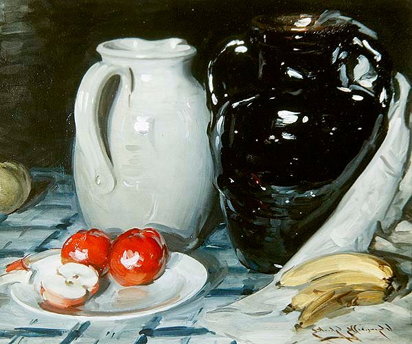 Zátiší s jablky a banány a velký džbán a váza (olej na palubě) od William Somerville Shanks