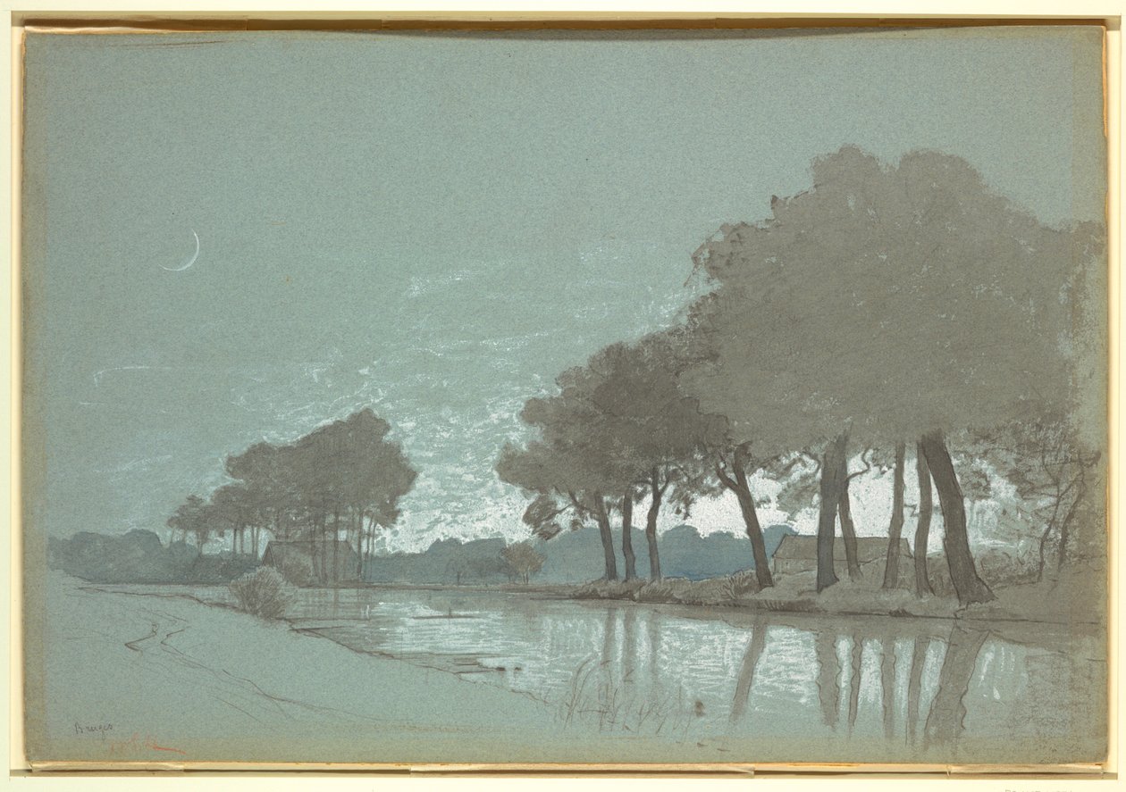 Kresba, Scéna u kanálu poblíž Brugg, Belgie, 1875-80 od William Stanley Haseltine