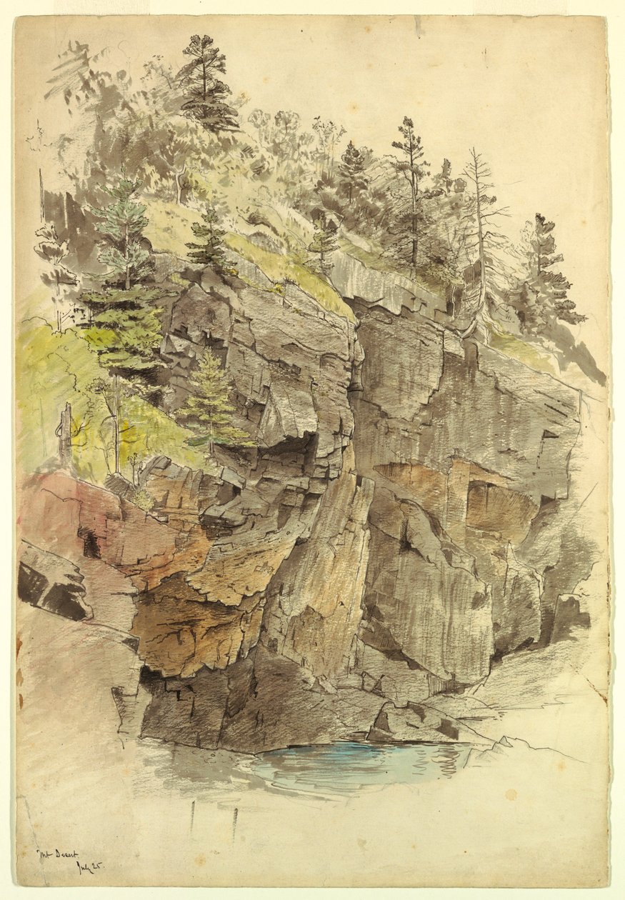 Kresba, Skalní stěna, poblíž Vydřích útesů, Mt. Desert, 1859 od William Stanley Haseltine