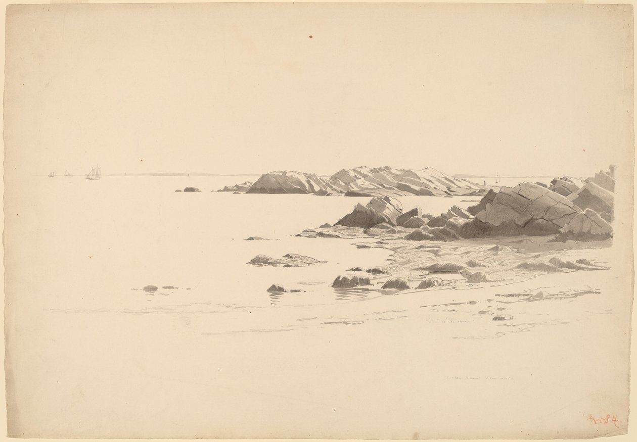 Skalnatá pláž se vzdálenými čluny od William Stanley Haseltine