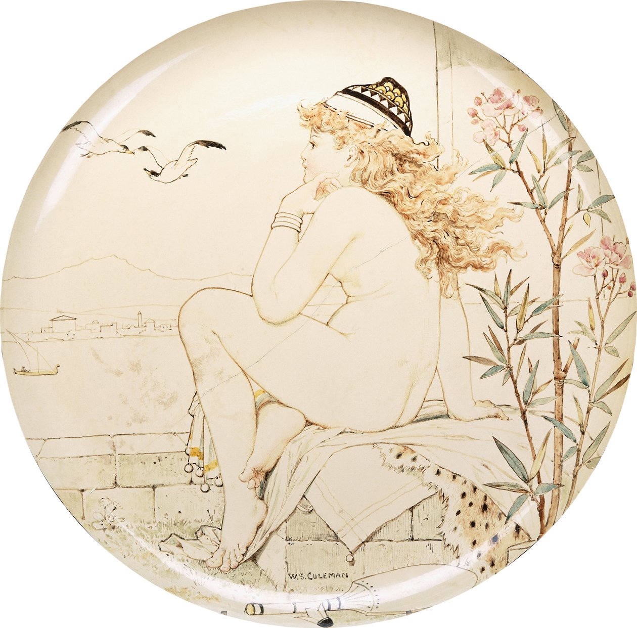 Nabíječka Minton Art Pottery Studio, namalovaná aktem hledícím na moře, 19. století od William Stephen Coleman