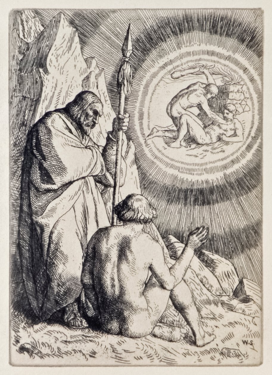 Michael předkládá Adamovi vize ze ztraceného ráje od Johna Miltona (1608-1674) série 12 ilustrací vyleptaných Williamem Strangem (1859-1921) od William Strang