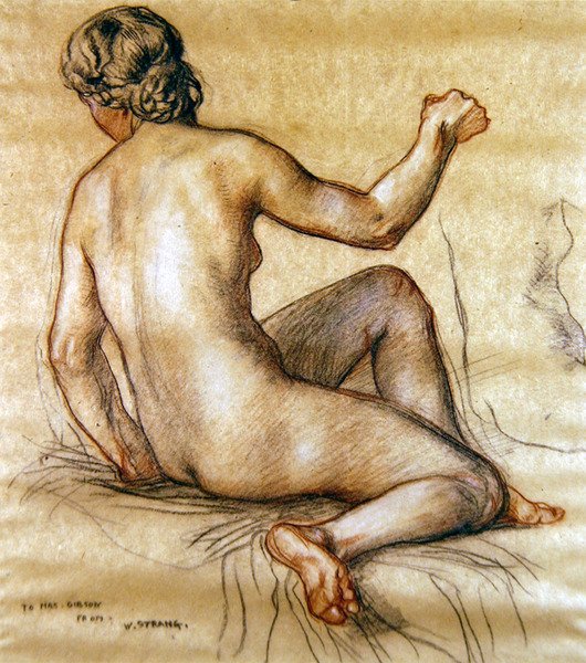 Studie ženského aktu sedícího zezadu, kolem roku 1890 (uhl, červená a bílá křída na papíře) od William Strang