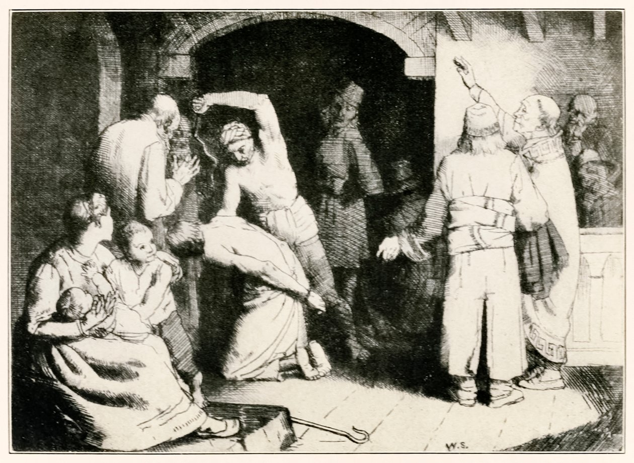 Bičování věrných z Poutníci postupují z tohoto světa k tomu, co má přijít John Bunyan (1628-1688) ilustrace William Strang (1859-1921) Věrný je po svém soudu mučen od William Strang