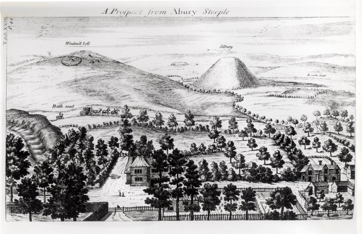Pohled z Avebury věže Silbury Hill, ilustrace z „Stonehenge: Chrám obnovený britským druidům“ od Williama Stukeleyho, 1740 od William Stukeley