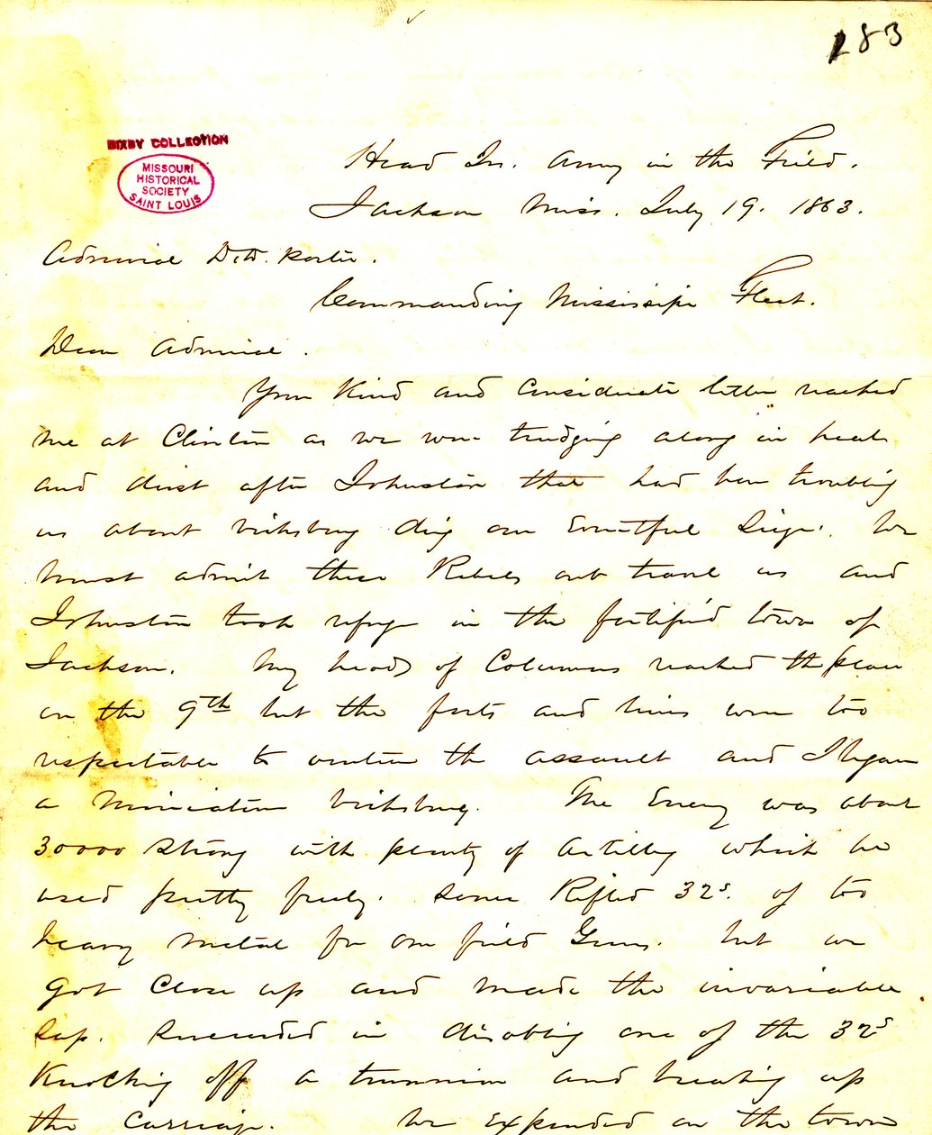 Dopis W. T. Shermana, ředitelství, Army in the Field, Jackson, Mississippi, [Davidovi D.] Porterovi, 19. července 1863 od William T. Sherman