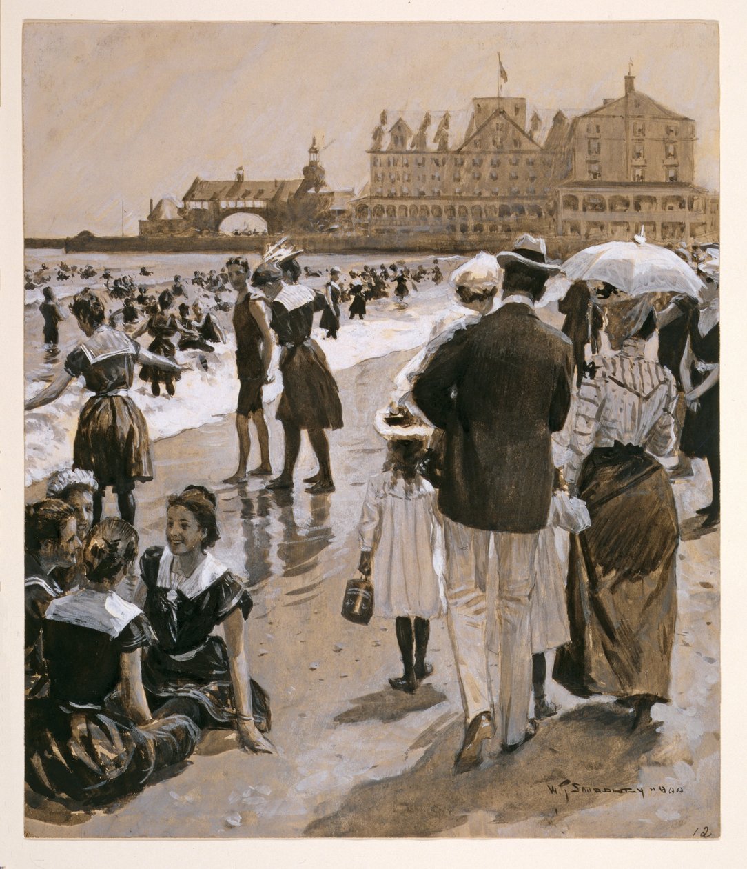 Plážová scéna z časopisu Harpers Weekly, pub. 1900 (kolorovaná litografie) od William Thomas Smedley