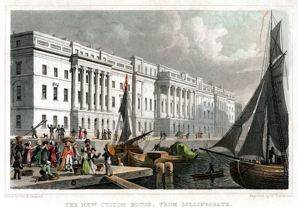 Nový Custom House, z Billingsgate, City of London, c1830. od William Tombleson