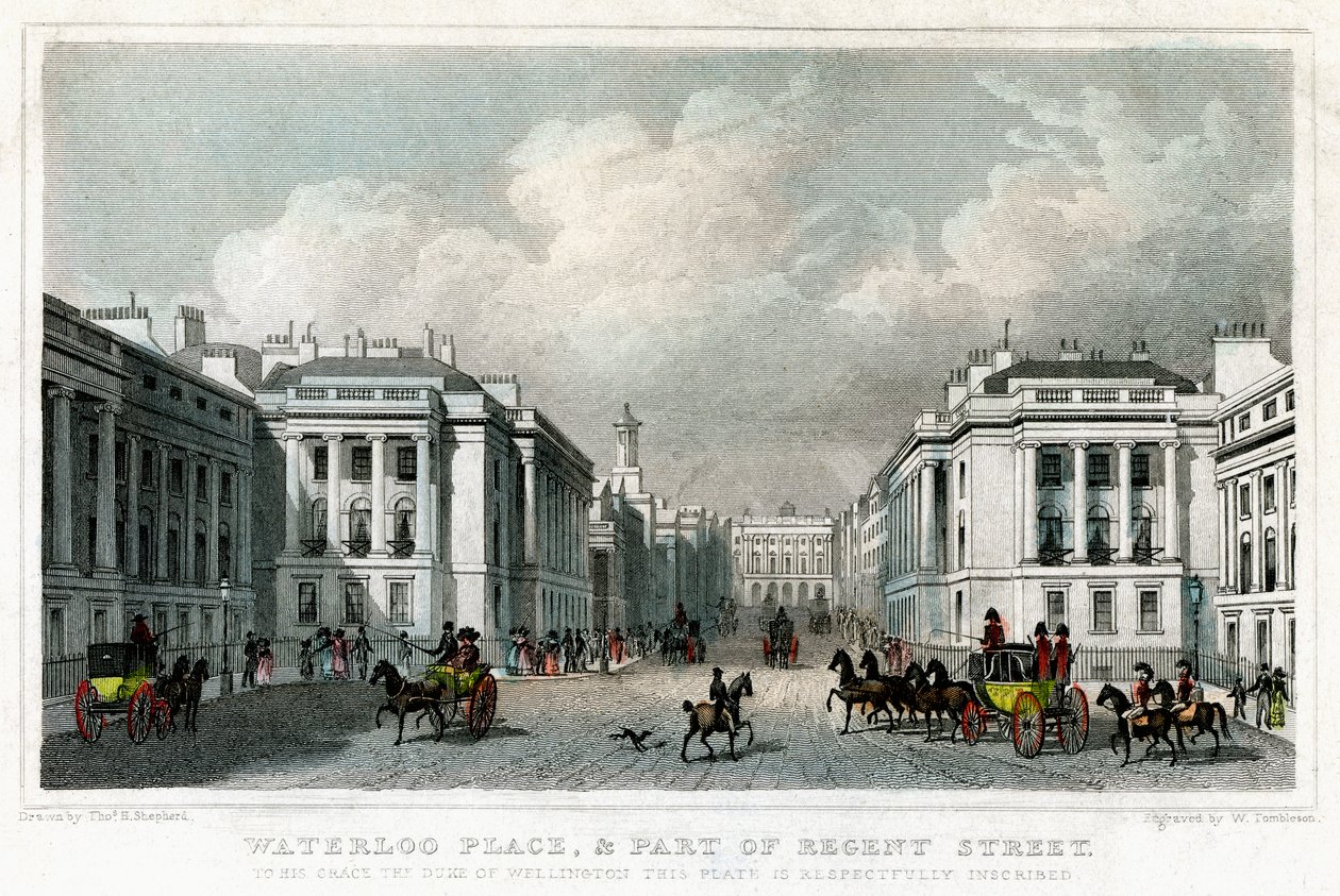Waterloo Place a část Regent Street, Westminster, Londýn, 1828. od William Tombleson