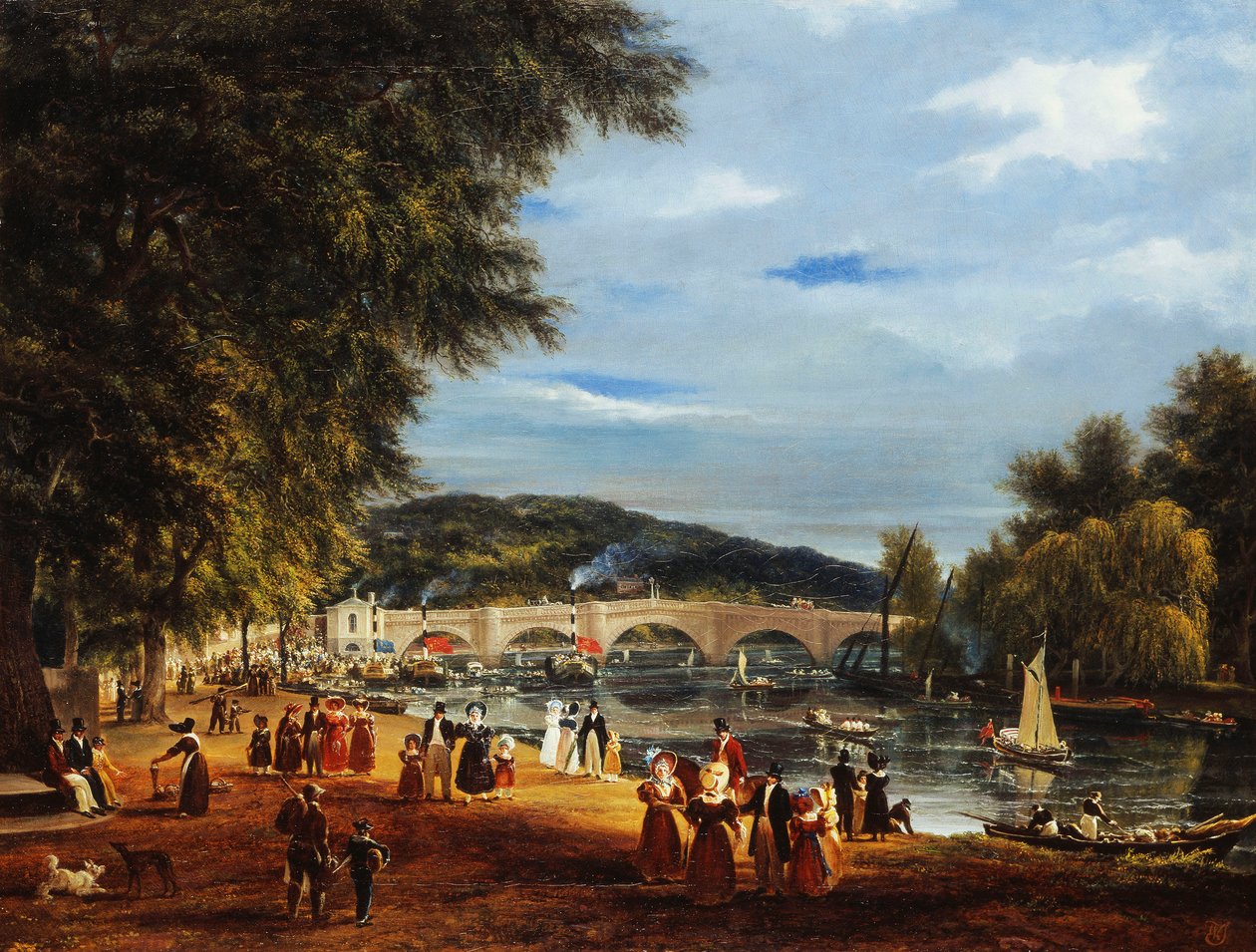 Pohled na Richmondský most s loděmi na řece a promenádou s postavami, od Joseph Mallord William Turner