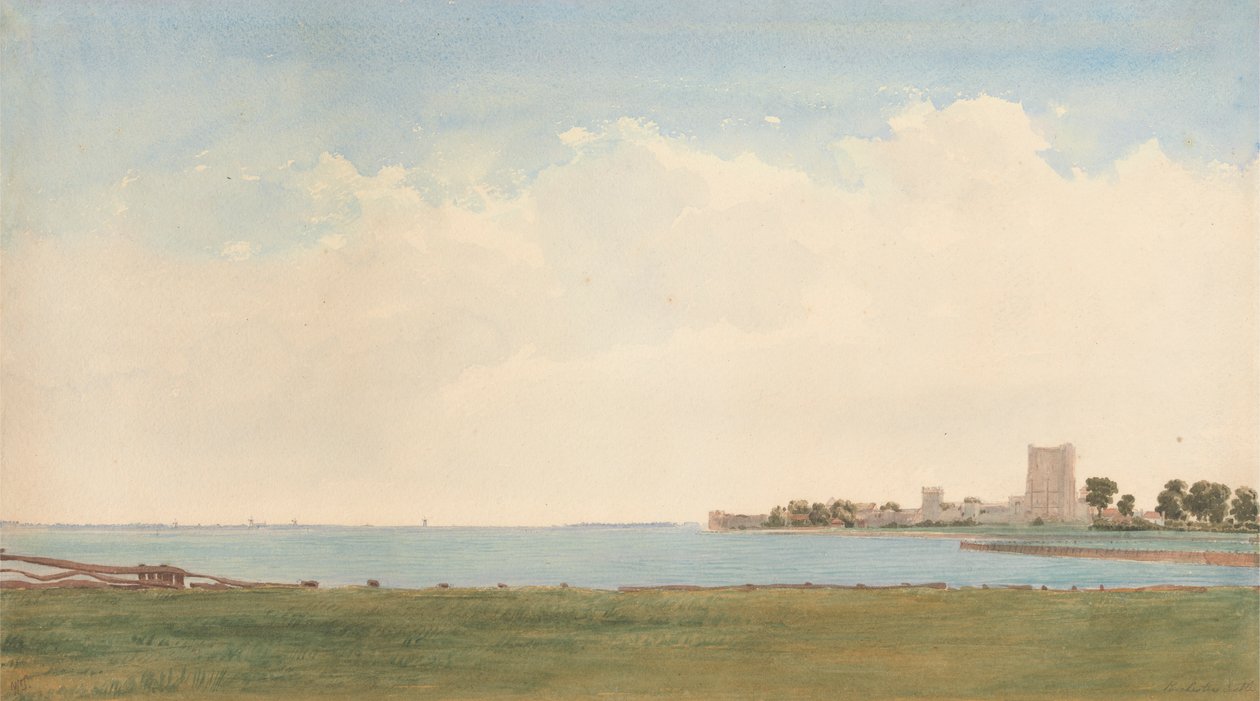 Portchester Castle: Pohled z Portchester Village při pohledu přes vodu do Portsmouthu od William Turner of Oxford