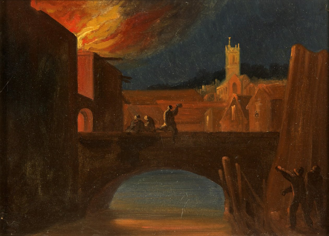 Bristol Riots: The Burning of Bridewell, s kostelem svatého Michaela, Bridewell Bridge, kolem roku 1831 (olej na papíře) od William W. Wheatley