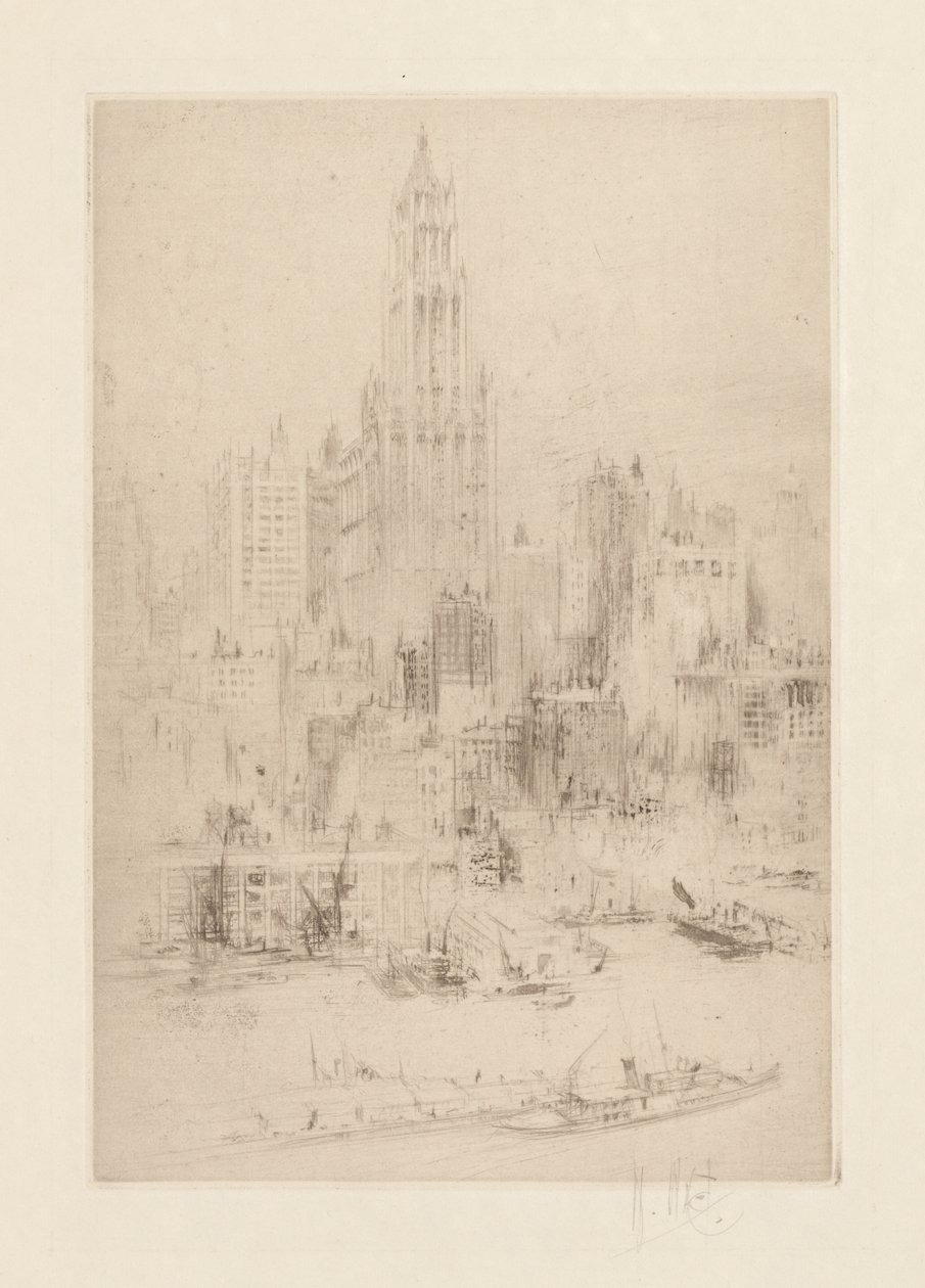 Downtown Manhattan od East River, s Woolworth Building od William Walcot