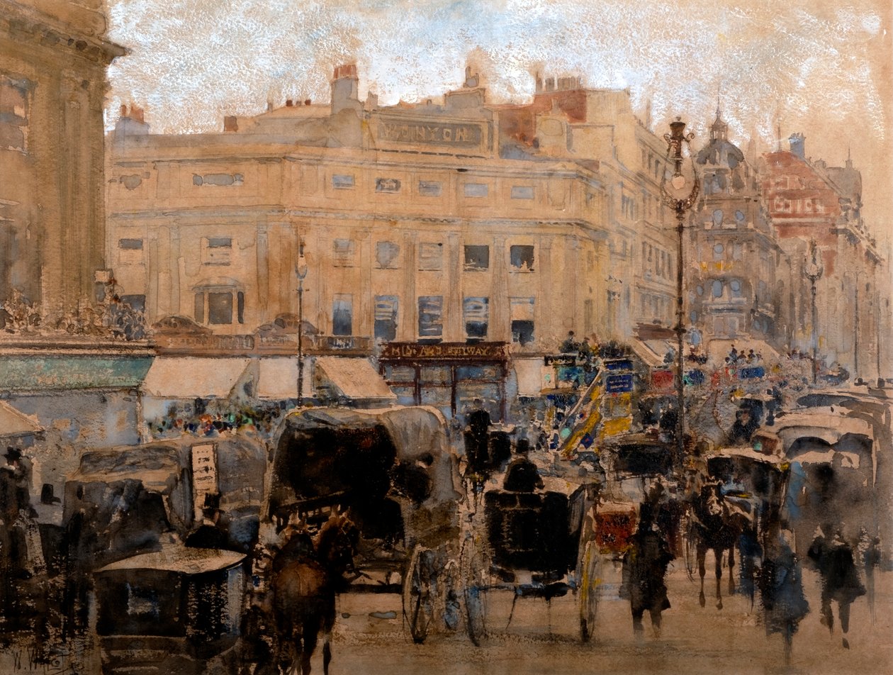 Rush Hour, Oxford Circus (akvarel s lakem a tělovou barvou na tónovaném papíře) od William Walcot
